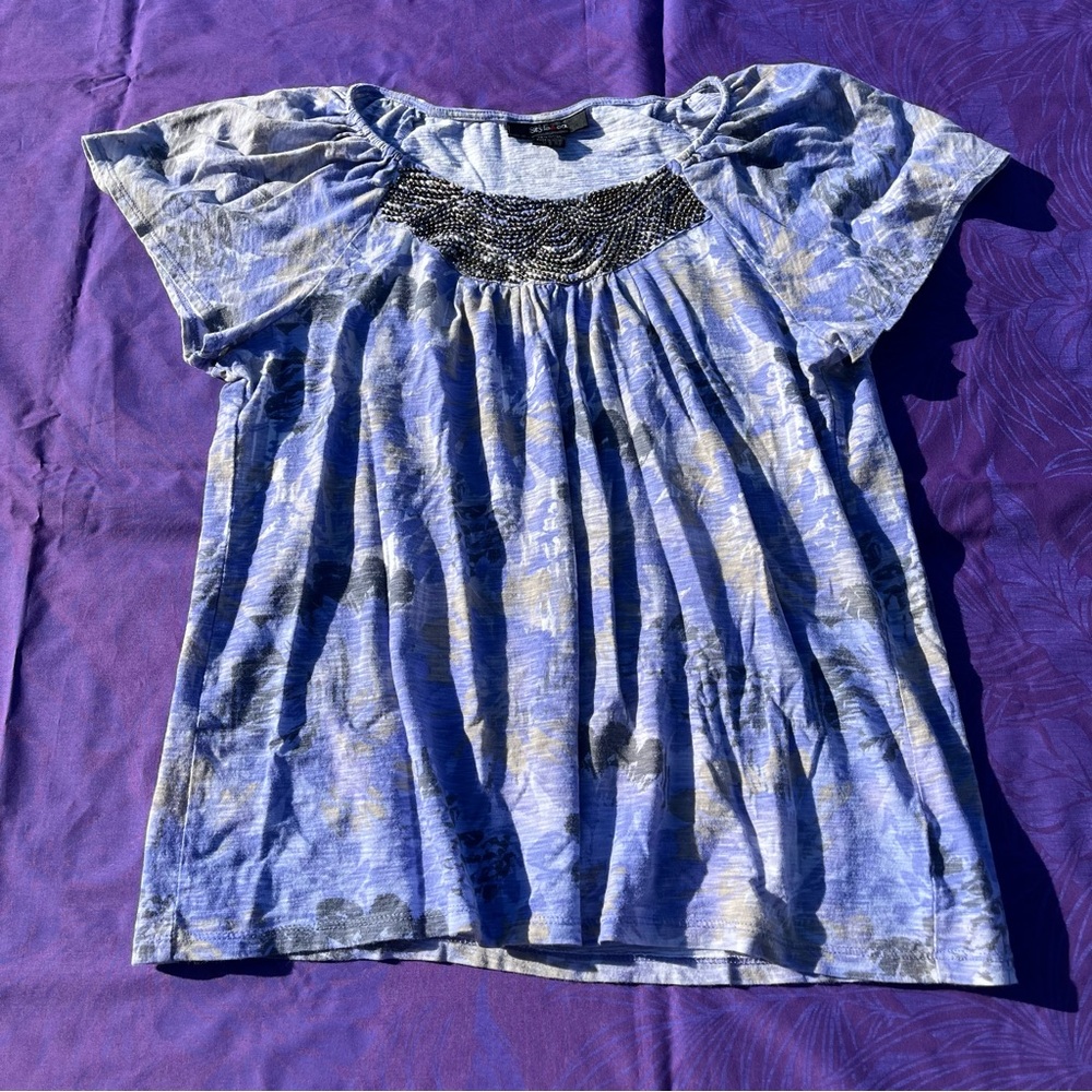 Style & Co. Blue and Gray Blouse with Beaded Detail